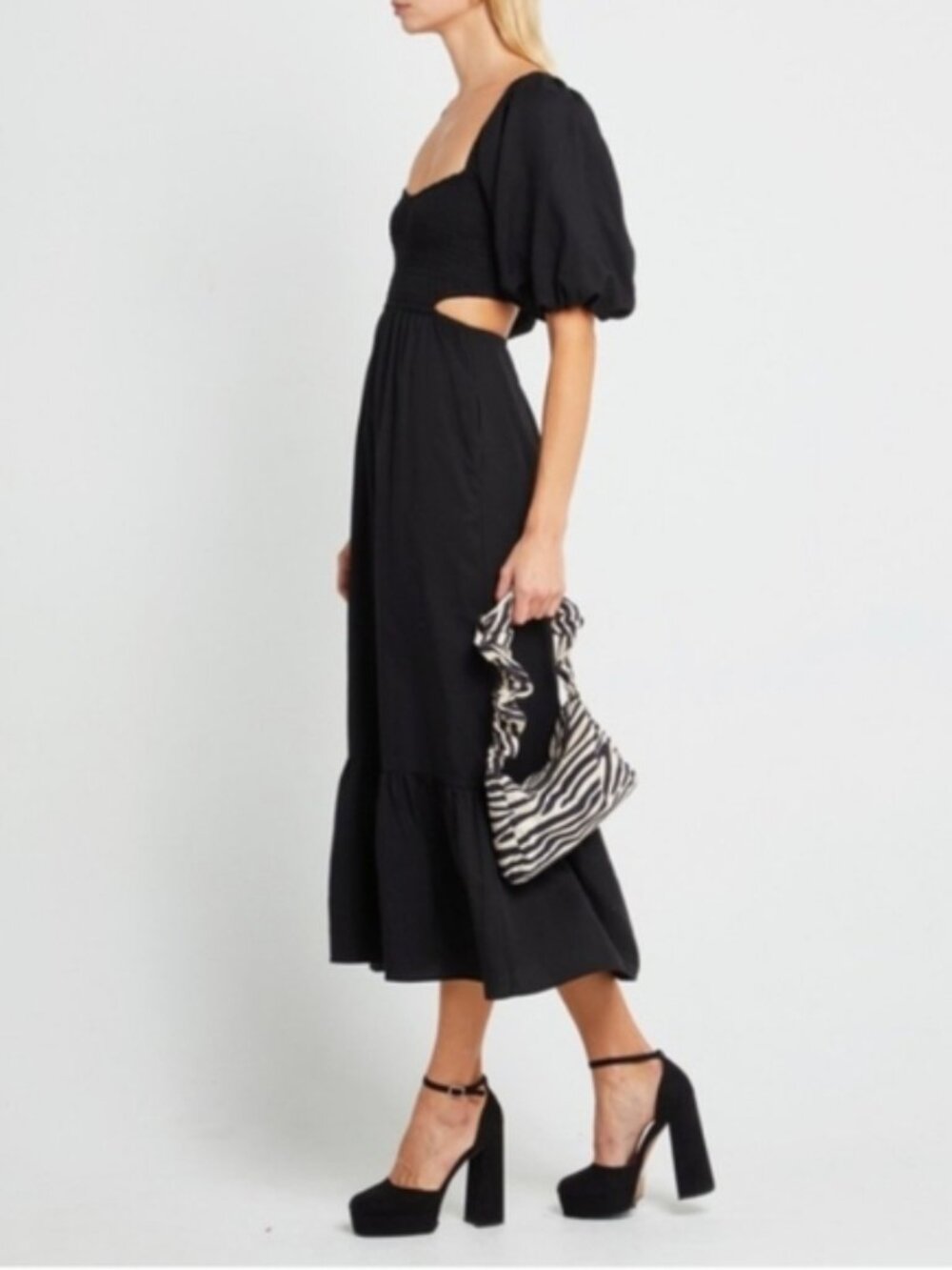 O.P.T. Leighton Black Puff Sleeve Smocked Cutout Midi Dress Tencel Flax XS
